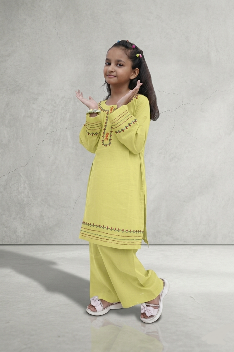 Girls Hand Embrioded Co-ord  Set - Lemon