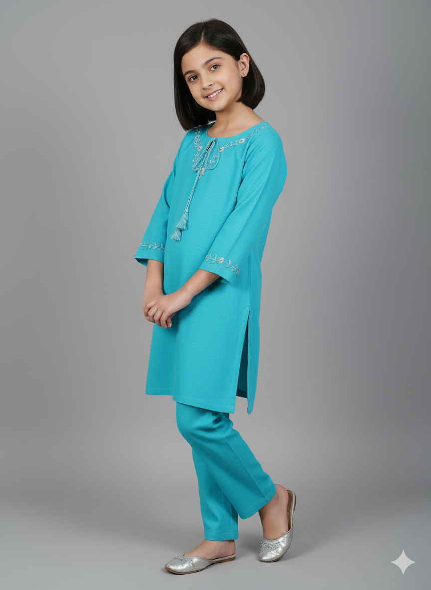 Girls Khaddar Hand Embroided Suit 2pc - Skyblue