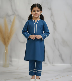 Girls Khaddar Solid Embellished Suit 2pc - Blue