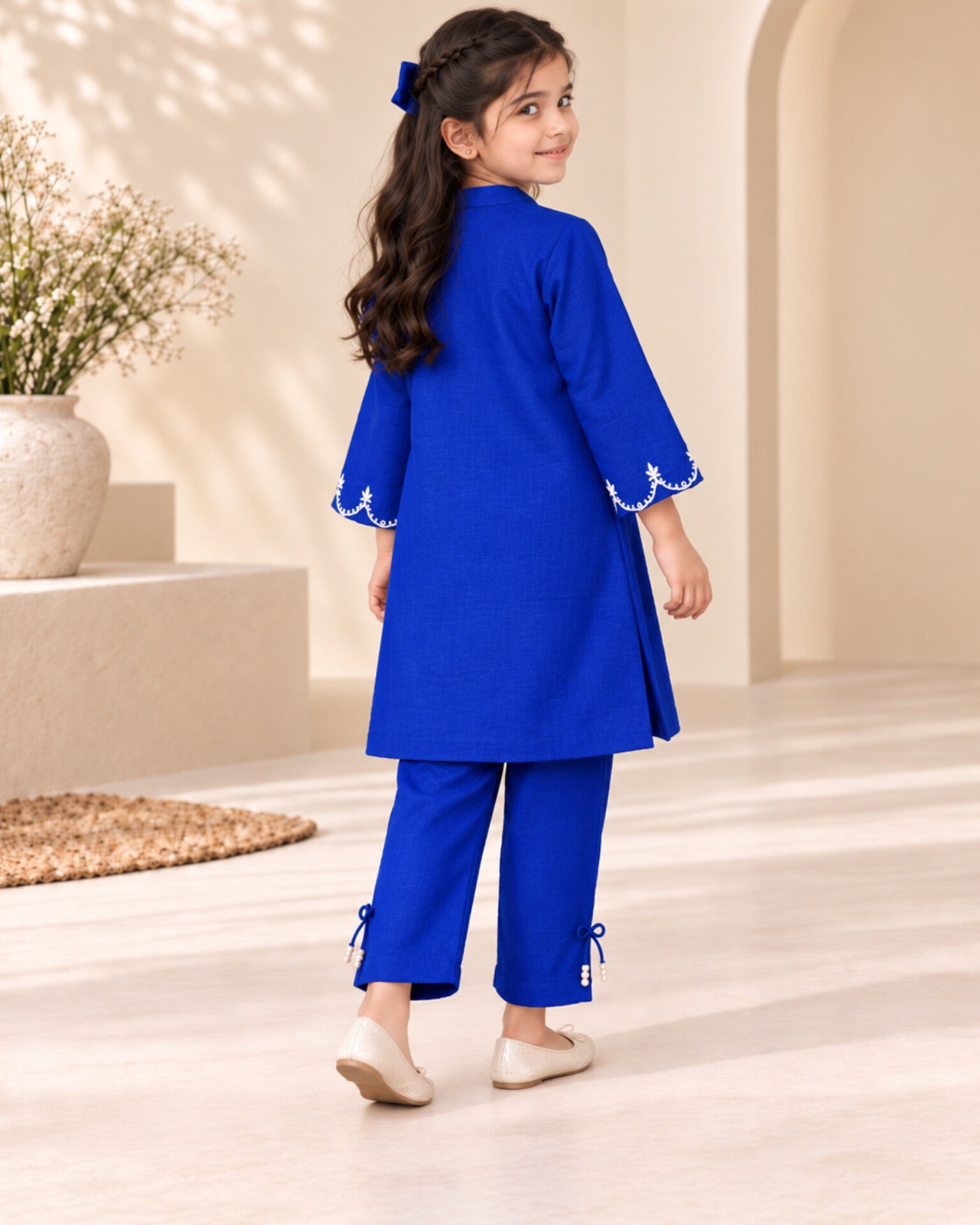 Girls Royal Blue Embroided Khaddar Co-ord Set