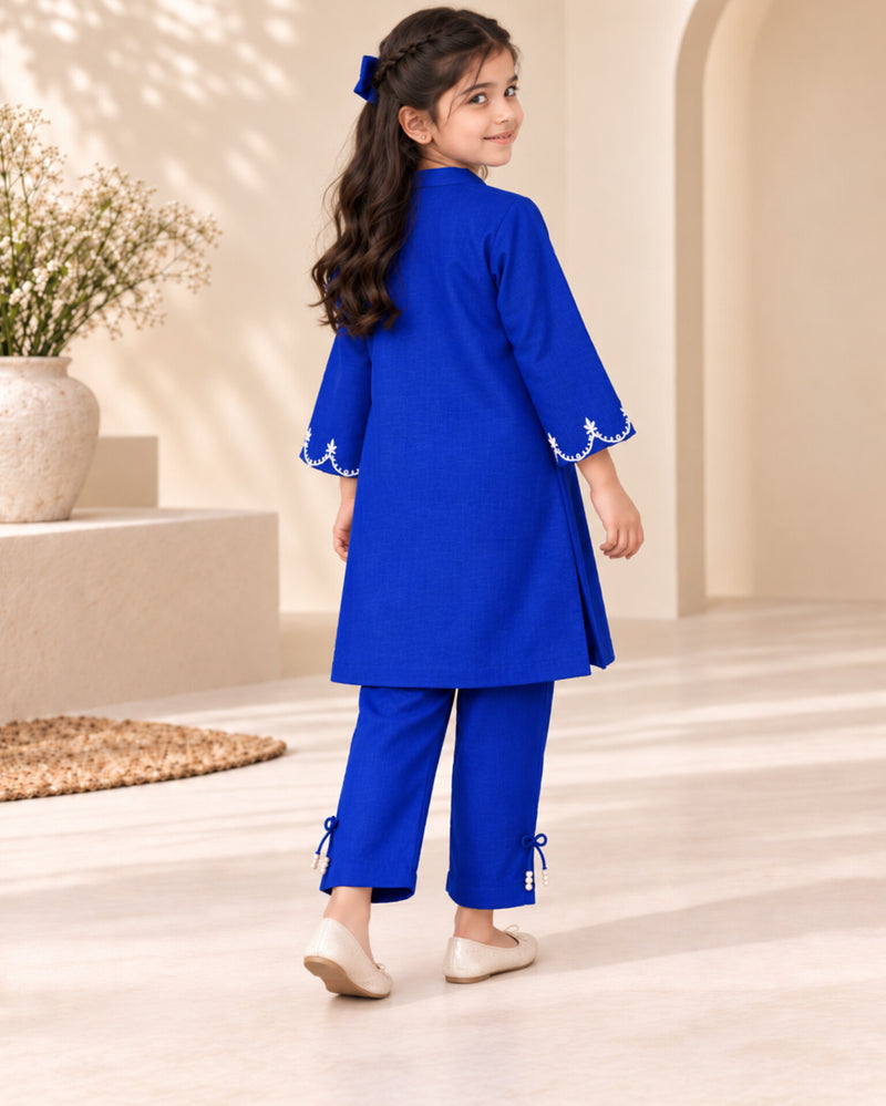 Girls Royal Blue Embroided Khaddar Co-ord Set