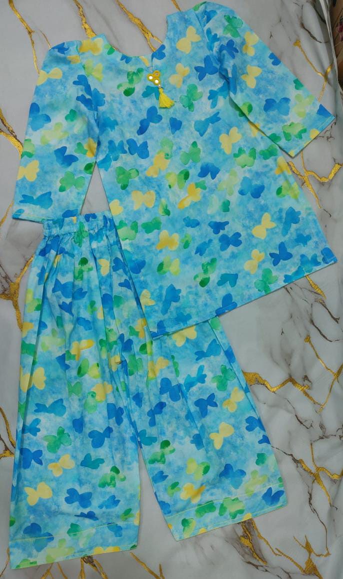 Girls Butterfly Print Embelished Co-ord Set 2pc