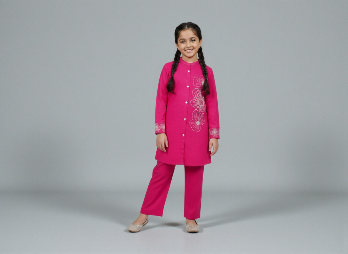 Girls Khaddar Hand Embroided Co-ord Set 2pc - Margenta