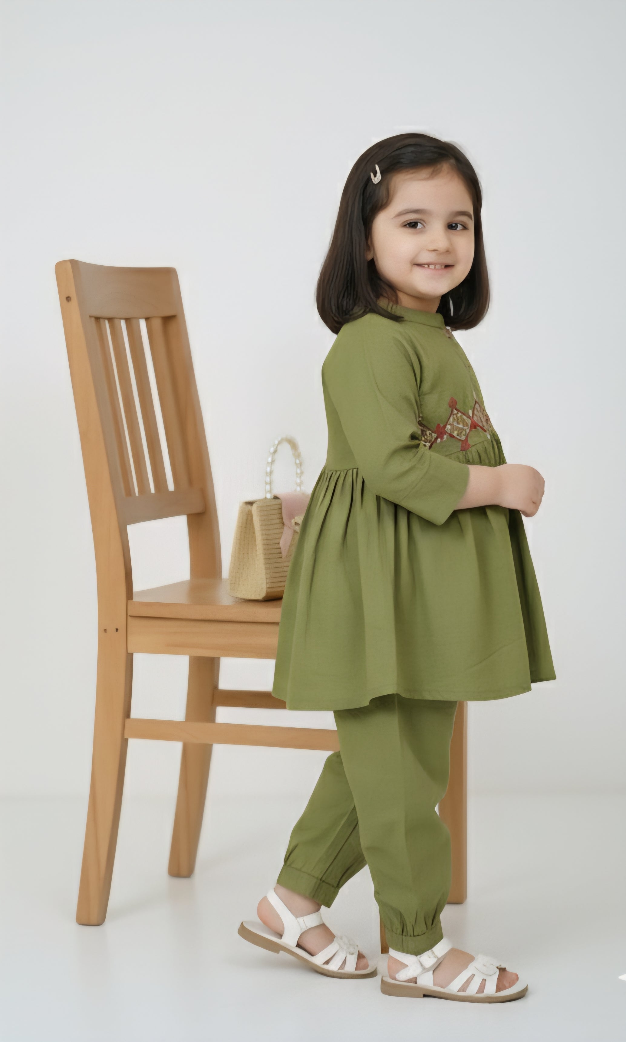 Girls Khaddar Hand Embroided Frock Set 2pc - Olive Green