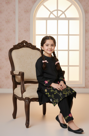 Girls Khaddar Hand Embroided 2pc - Black