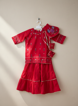 Girls Hand Painted Gharara Set - Red