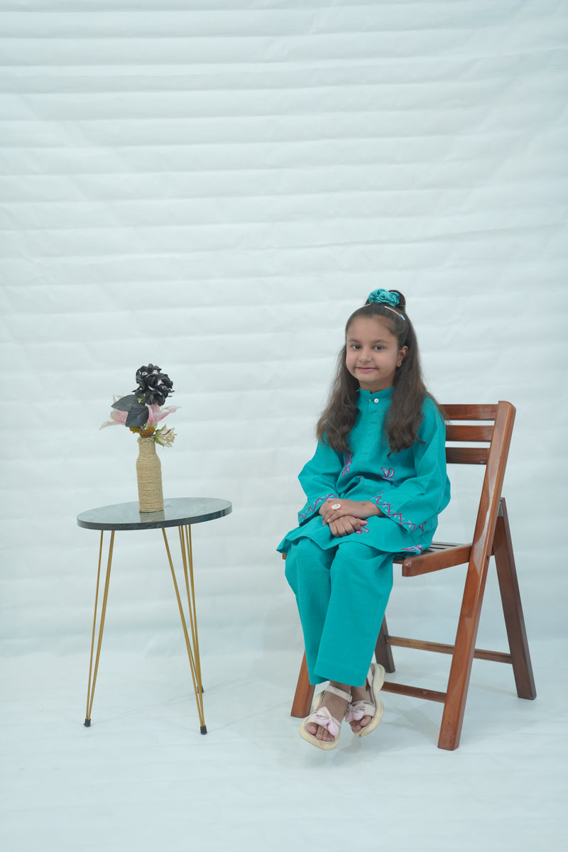 Girls Khaddar Hand Embroided Co-ord Set 2pc - Skyblue
