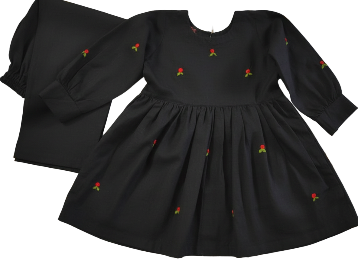 Girls Khaddar Embroided Frock Suit With Dupatta - Black