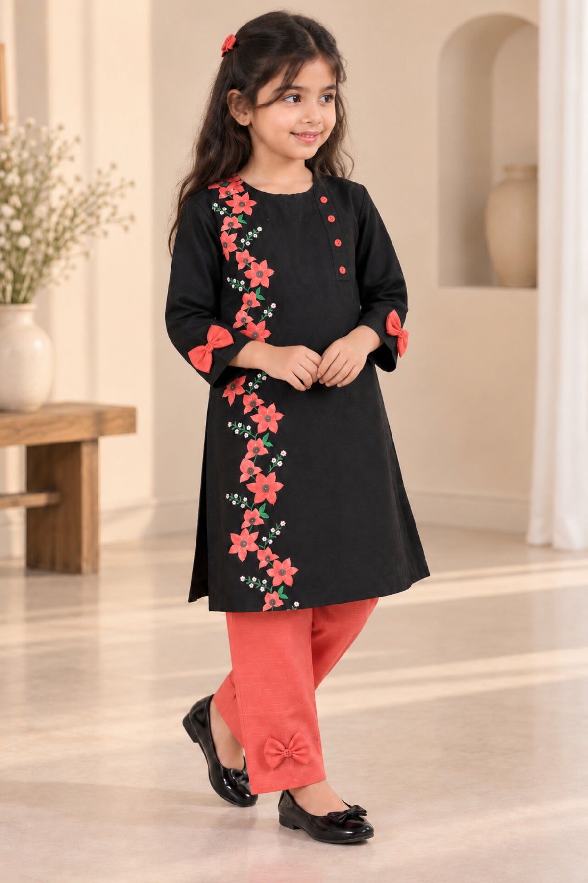 Girls Coral Red Flowers Khaddar 2pc Set