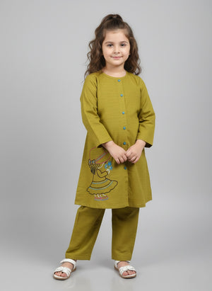 Girls Khaddar Doll Embroided Co-ord Set 2pc - Light Olive