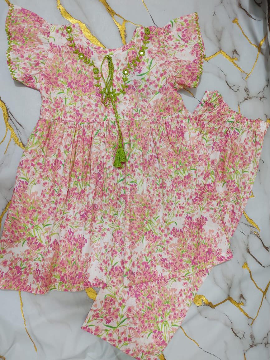 Girls Flower Print Embroidered Frock Set 2pc