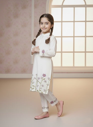 Girls Khaddar Hand Embroided 2pc - White