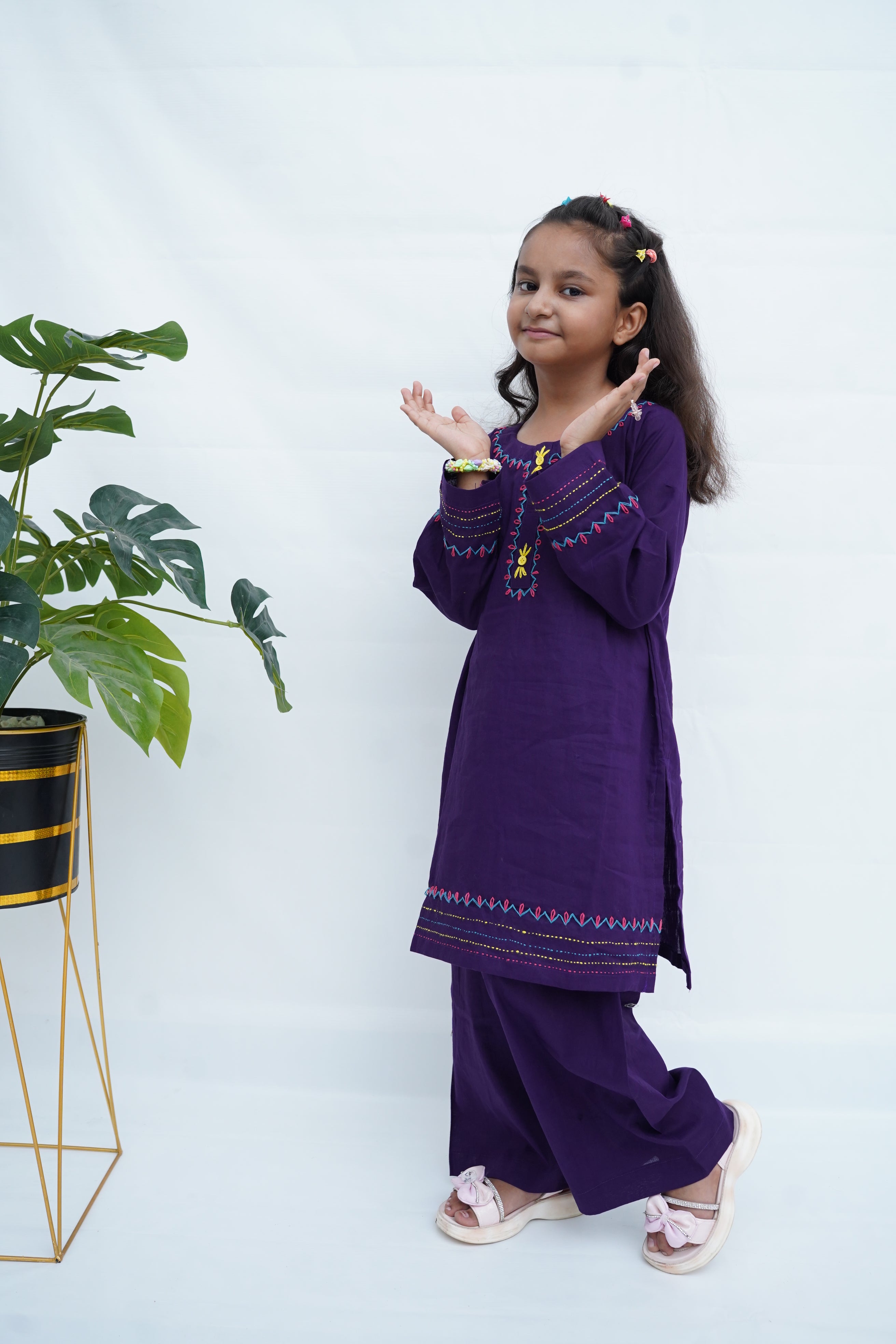 Girls Hand Embrioded Co-ord  Set - Voilet