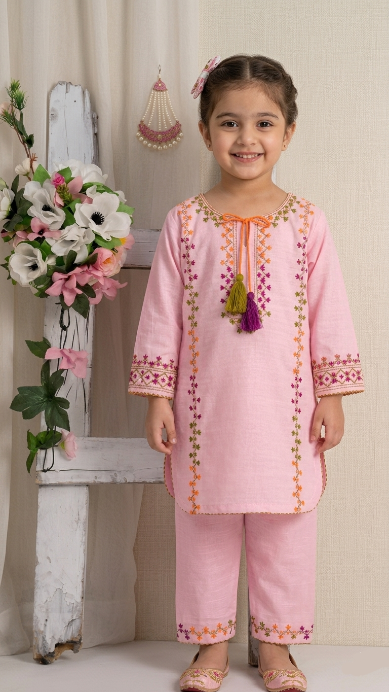 Girls Pink Multi Hand Embroided Set 2pc