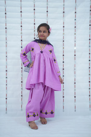 Girls Khaddar Embroided Frock With Farshi Shalwar Suit - Lavender