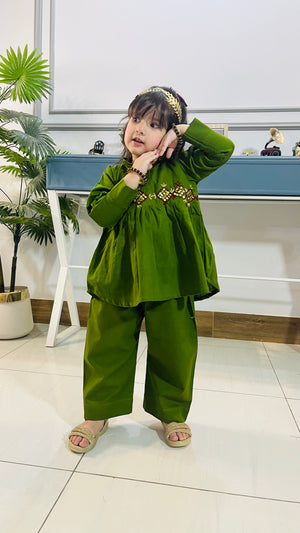 Girls Khaddar Hand Embroided Frock Set 2pc - Olive Green