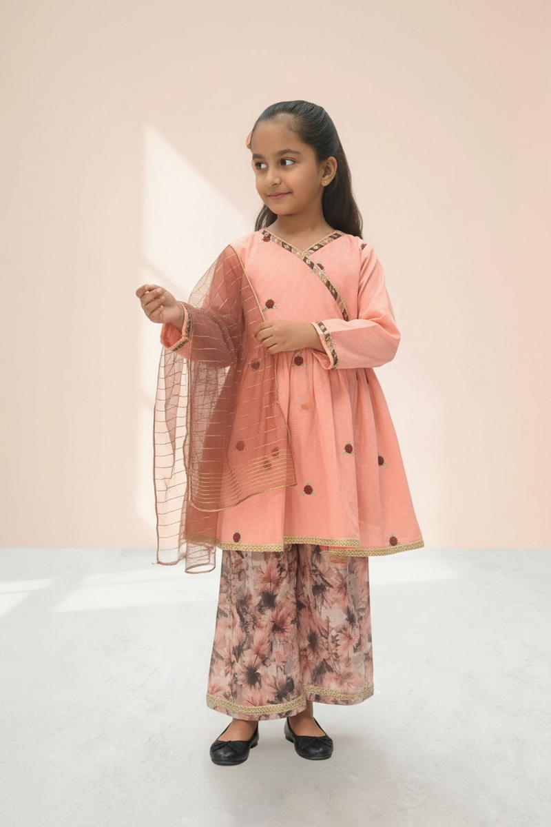Girls Peach Blossom Angrakha Set - 3pc
