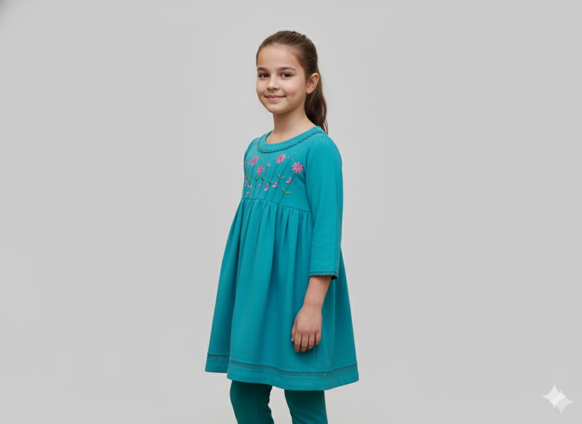 Girls Khaddar Hand Embroided Frock Set 2pc - Skyblue