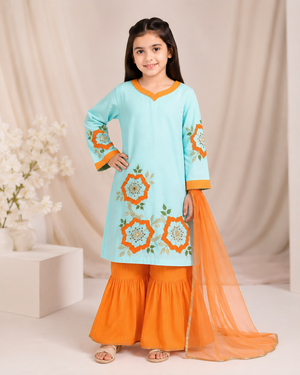 Girls Floral Painted Gharara Set - 3pc