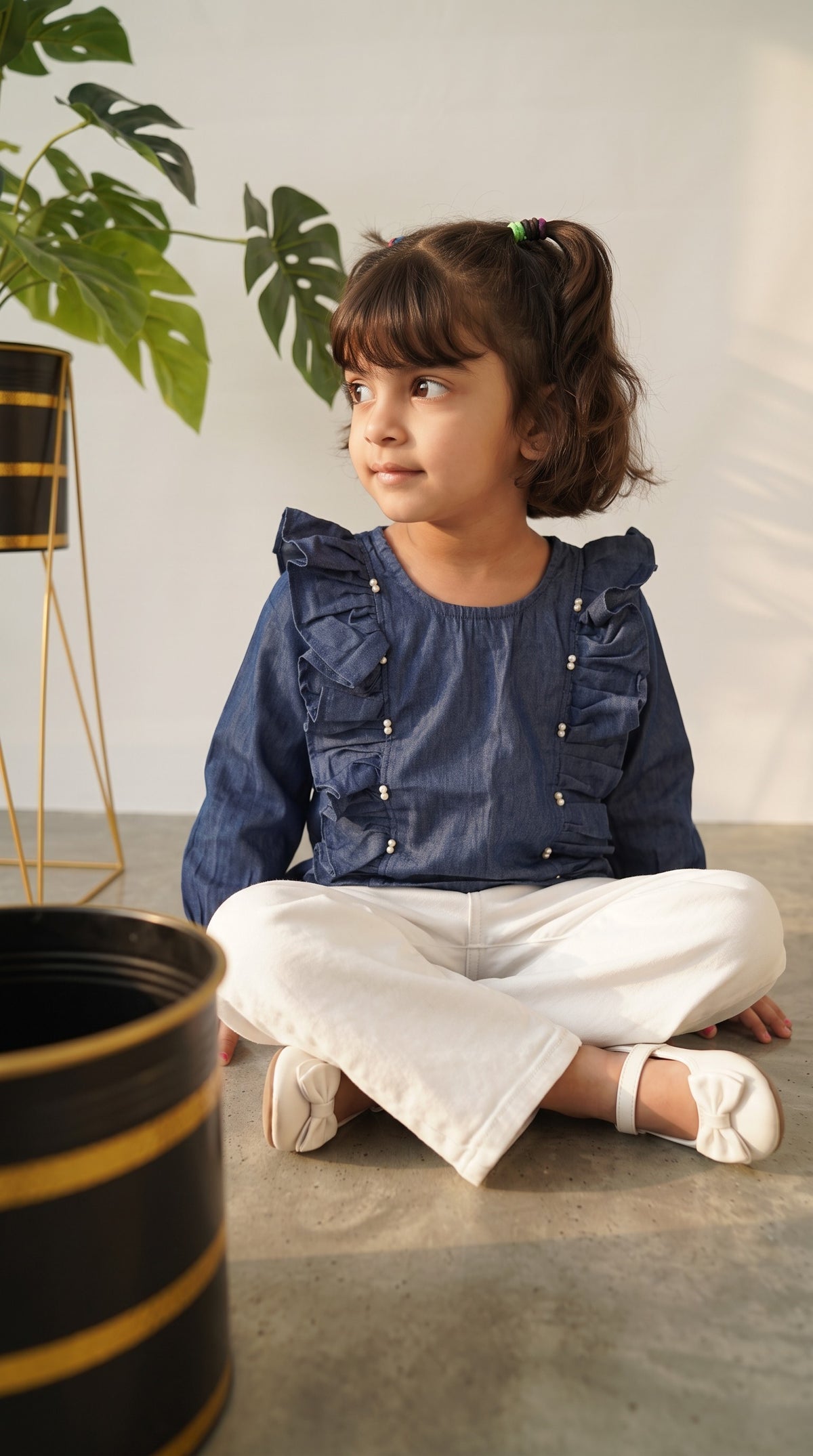 Girls Cotton Denim Pearl Beaded Top