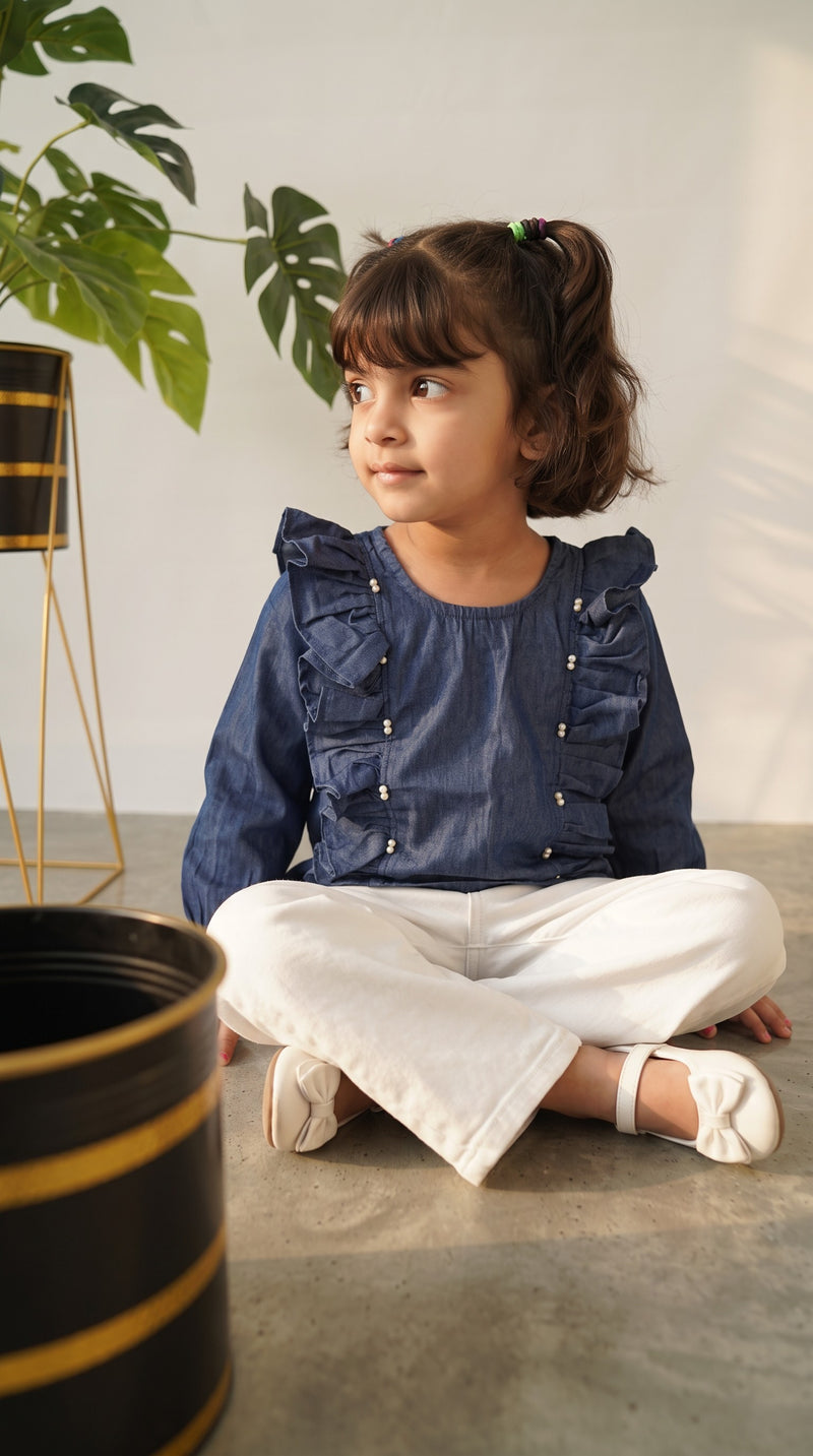 Girls Cotton Denim Pearl Beaded Top