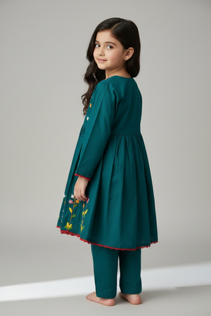 Girls Embroided Frock Set - Teal