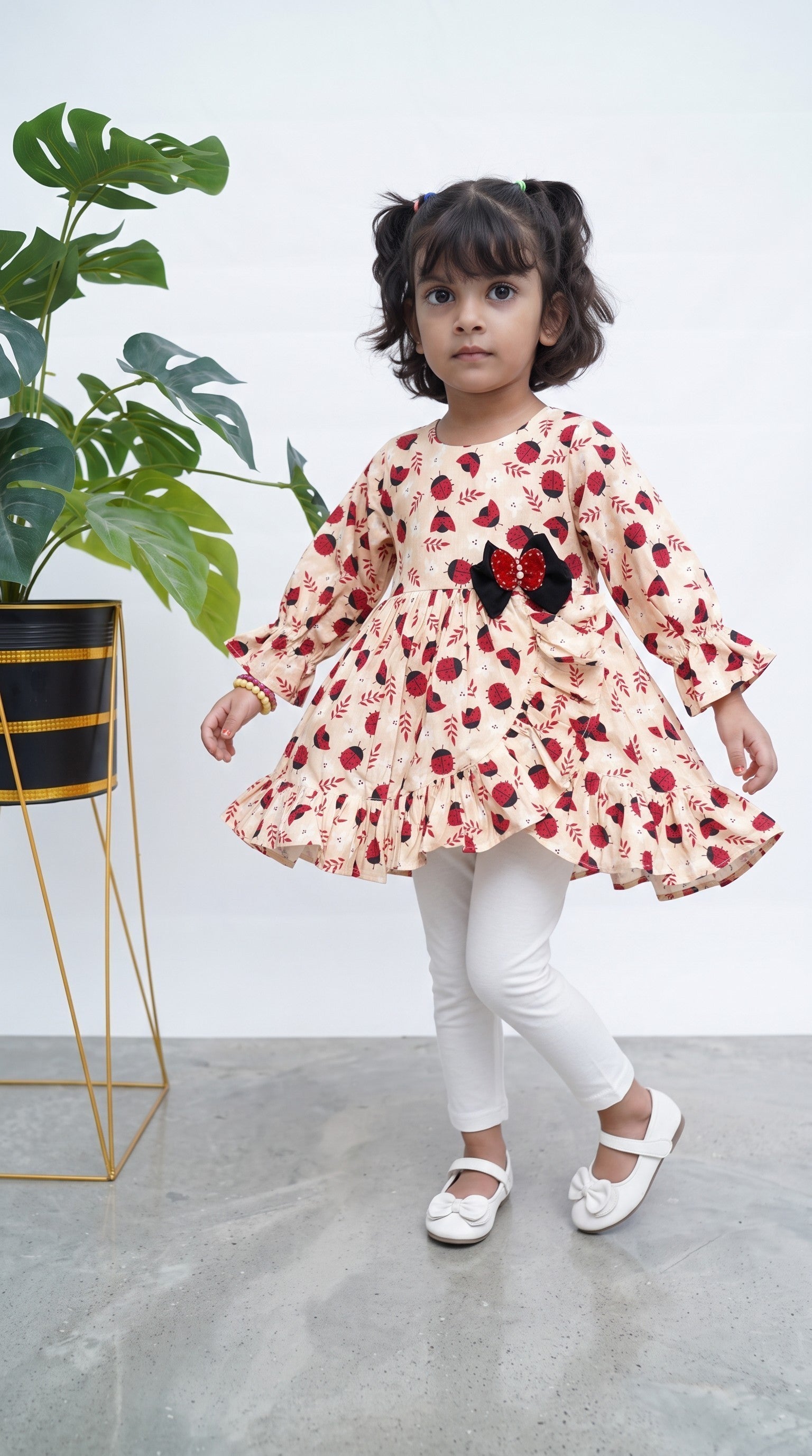 Girls Ladybug Print Cotton Frill Frock - BabyPink