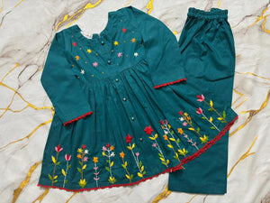 Girls Embroided Frock Set - Teal