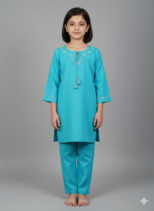 Girls Khaddar Hand Embroided Suit 2pc - Skyblue