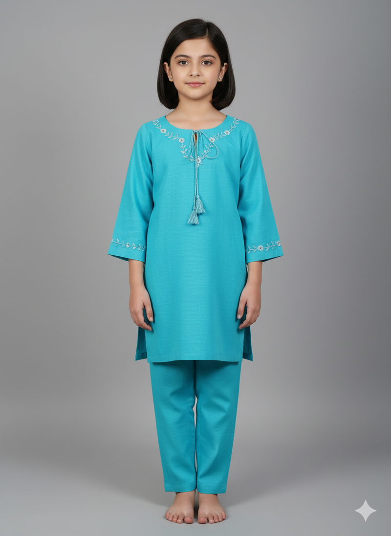 Girls Khaddar Hand Embroided Suit 2pc - Skyblue