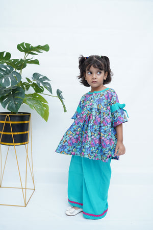 Girls Printed Flower Frock Set - SkyBlue