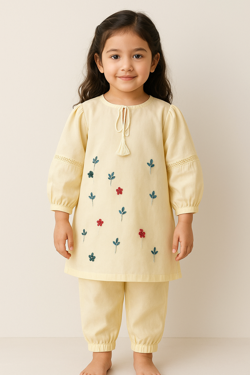 Girls Lemon Flower Embroidered Co-ord Set 2pc