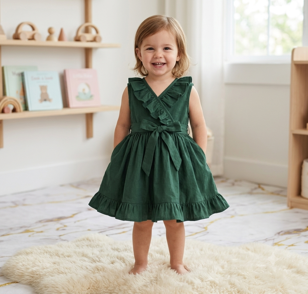 Girls Cotton Frill Frock - Green