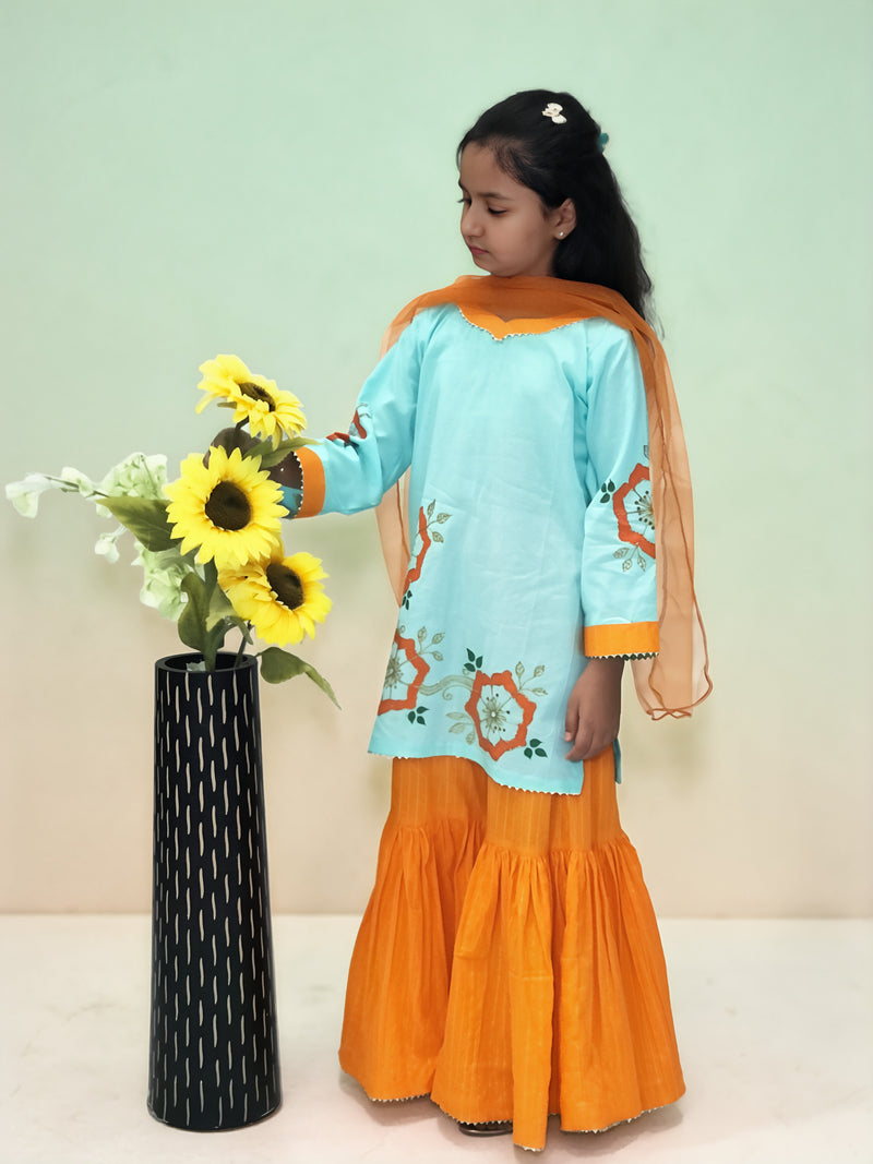 Girls Floral Painted Gharara Set - 3pc