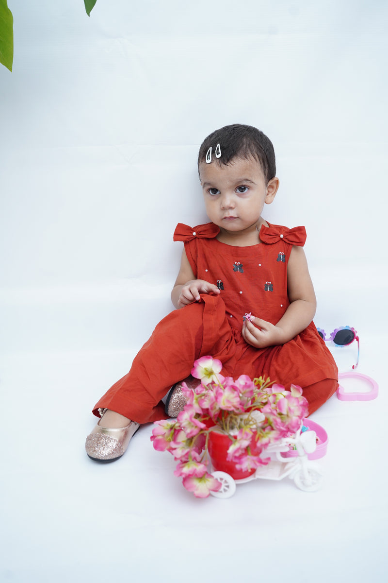 Girls Hand Painted Poplin Frock Dress With Butterfly Charm 2pc Set - Rust