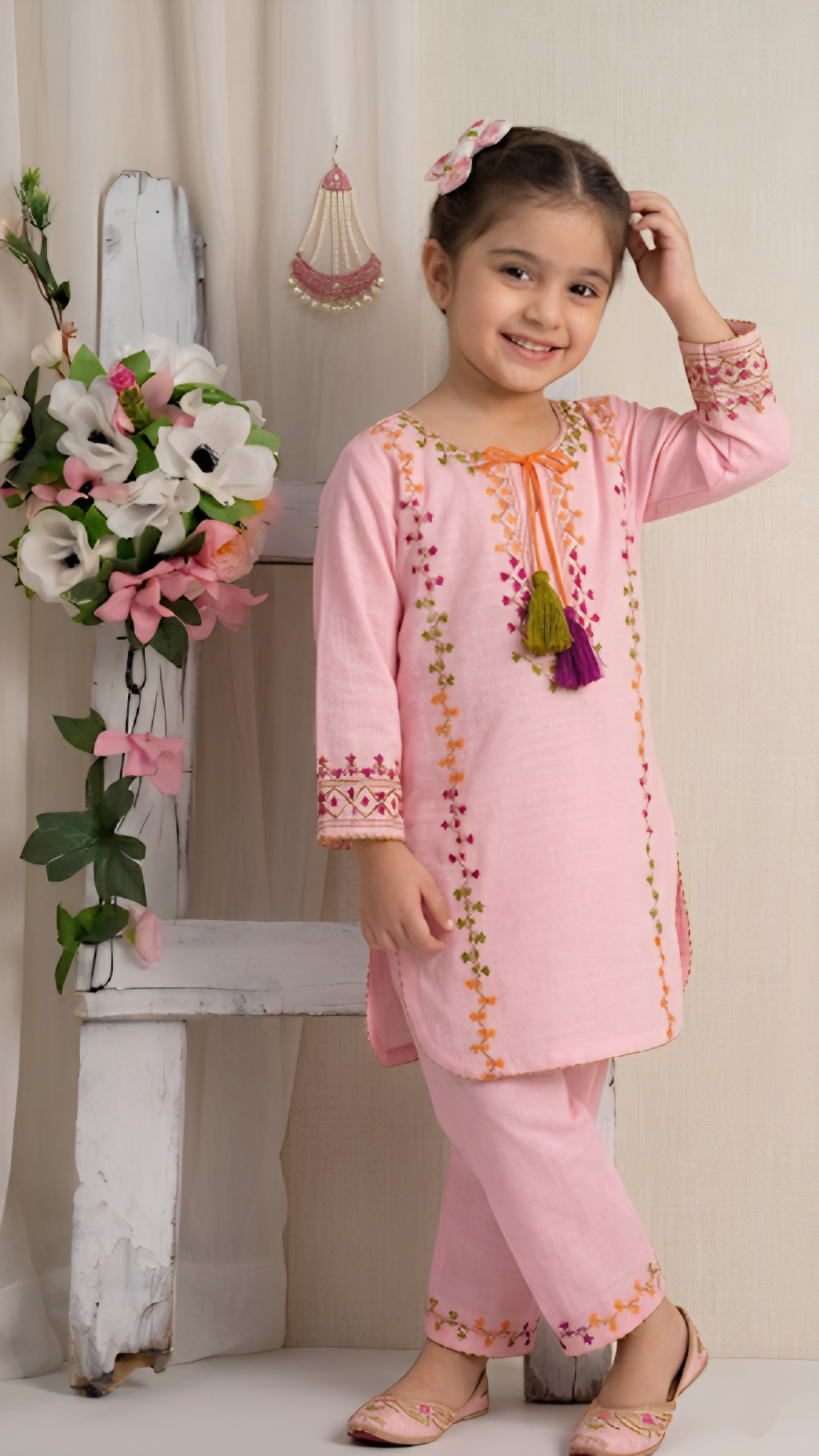 Girls Pink Multi Hand Embroided Set 2pc
