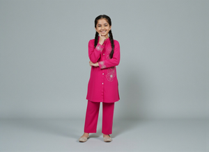 Girls Khaddar Hand Embroided Co-ord Set 2pc - Margenta
