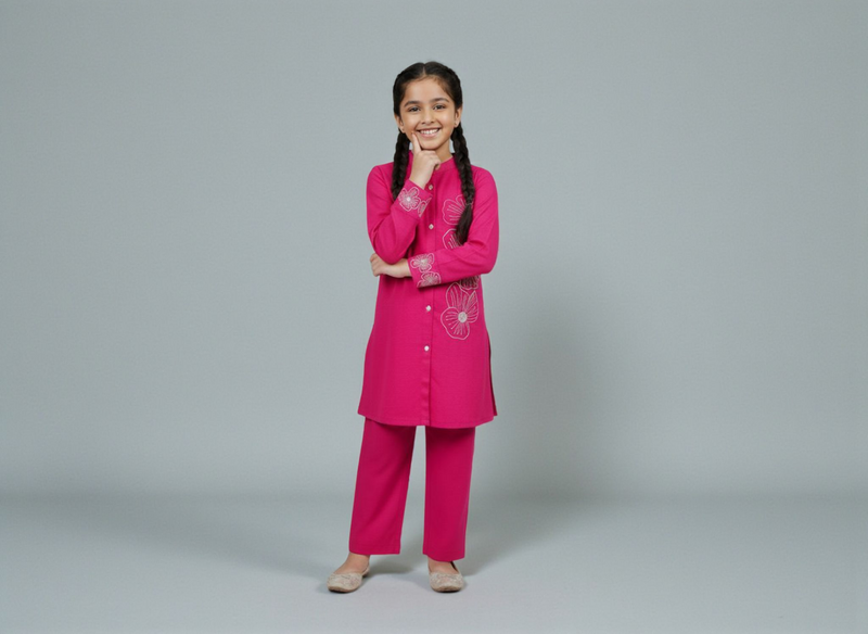 Girls Khaddar Hand Embroided Co-ord Set 2pc - Margenta