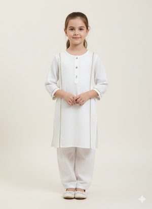 Girls Khaddar Solid Embellished Suit 2pc - White