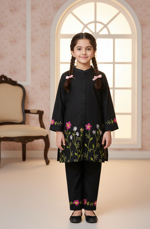 Girls Khaddar Hand Embroided 2pc - Black