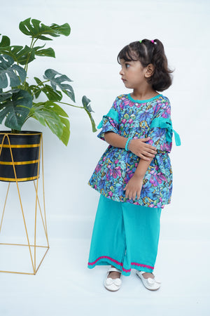 Girls Printed Flower Frock Set - SkyBlue
