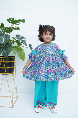 Girls Printed Flower Frock Set - SkyBlue