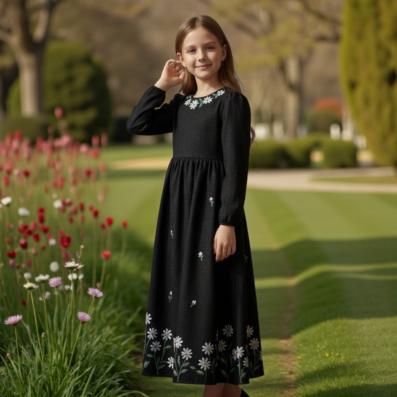 Girls Khaddar Hand Painted Floral Long Frock - Black