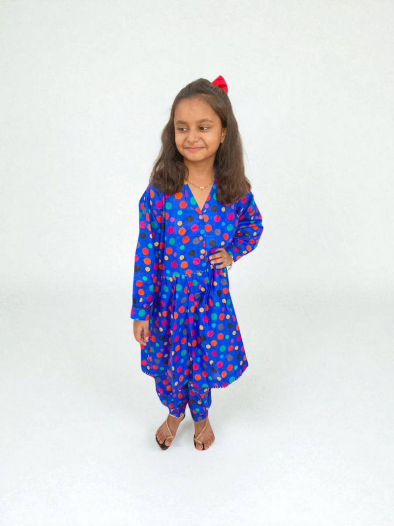 Girls Digital Print Lawn Suit 2pc - Blue Polkadot