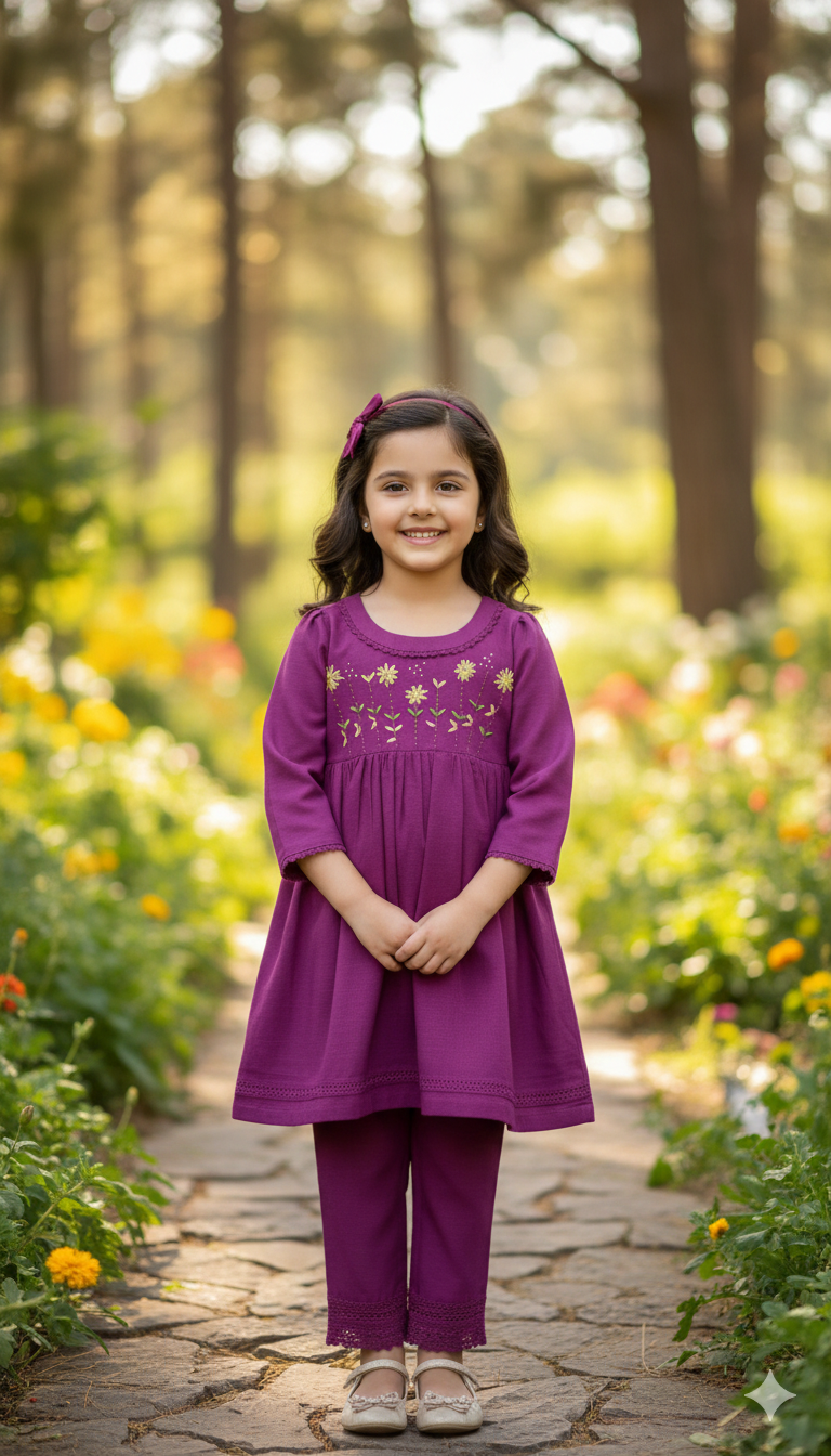 Girls Khaddar Hand Embroided Frock Set 2pc - Orchid