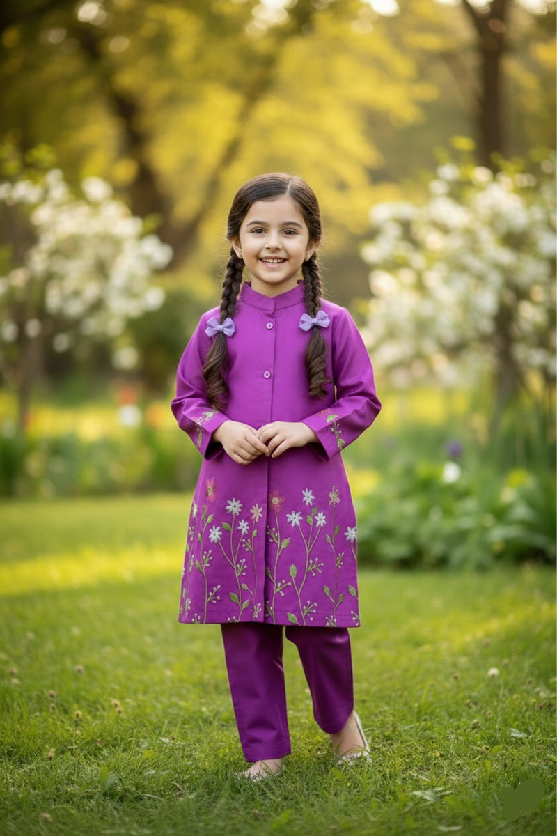 Girls Khaddar Hand Embroided 2pc - Orchid