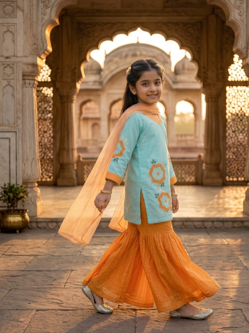 Girls Floral Painted Gharara Set - 3pc
