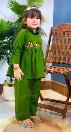 Girls Khaddar Hand Embroided Frock Set 2pc - Olive Green