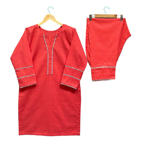 Girls Khaddar Solid Embellished Suit 2pc - Coral Pink