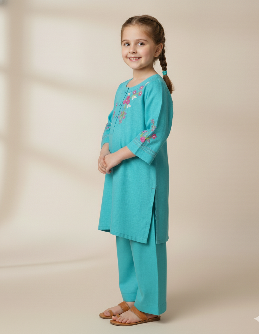 Girls Khaddar Floral Hand Embrioded Co-ord Set 2pc - Skyblue